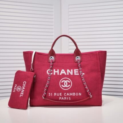 CHANEL 手提包 玫瑰红链条帆布沙滩手袋