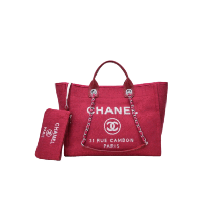 CHANEL Handbag Rose Red Chain Canvas Beach Tote