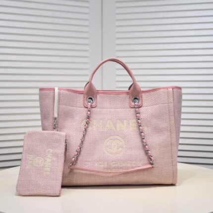 CHANEL 手提包 粉色链条帆布沙滩手袋